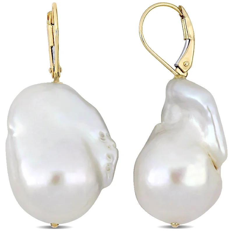 Miadora Cultured Freshwater Pearl Solitaire Leverback Drop Earrings in 14k Yellow Gold (14.5-15mm)