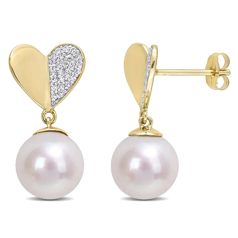 Miadora Cultured FW Pearl and 1/6ct TDW Diamond Heart Drop Earrings in 14k Yellow Gold (8.5-9mm)