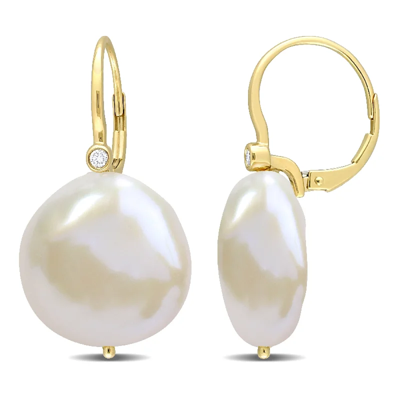 Miadora Diamond Accent Freshwater Cultured Pearl LeverBack Earrings 14k Yellow Gold