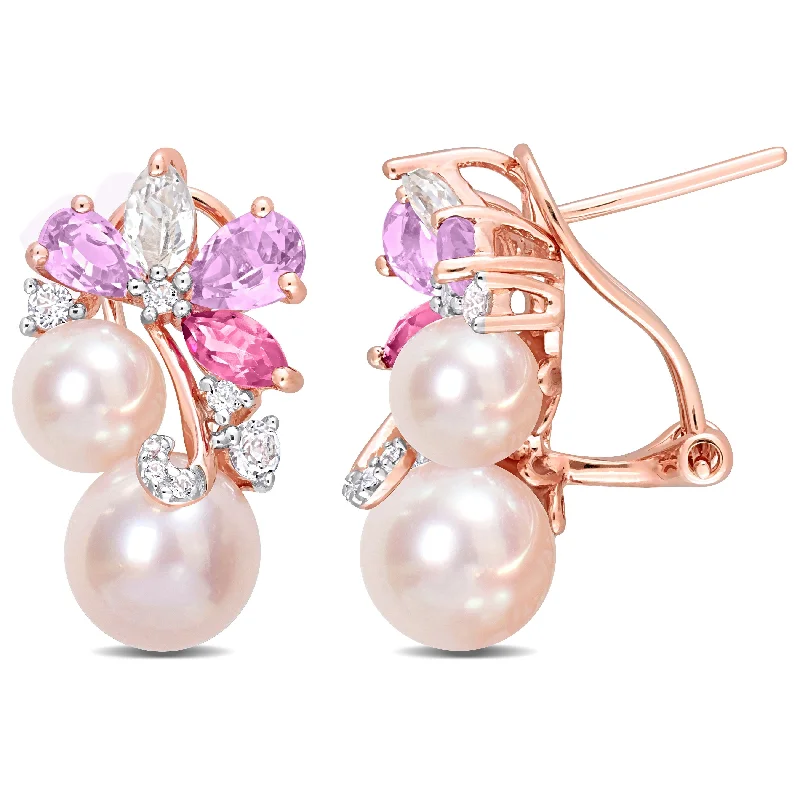 Miadora Pink Cultured Freshwater Pearl & 2 1/2ct TGW Rose de France and Topaz Earrings in18k Rose Silver