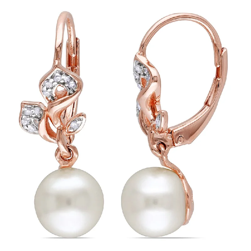 Miadora Rose Plated Silver White Pearl and 1/10ct TDW Diamond Earrings (H-I, I2-I3)