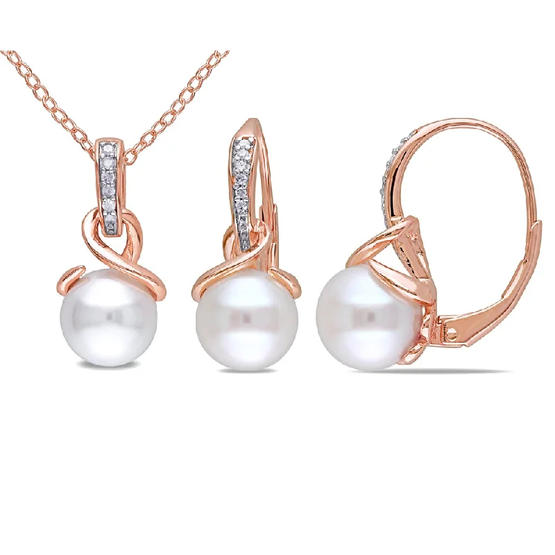 Miadora Rose Plated Sterling Silver Cultured Pearl 1/10ct TDW Diamond Necklace and Leverback Earrings Set (G-H,I2-I3)(8-8.5mm)