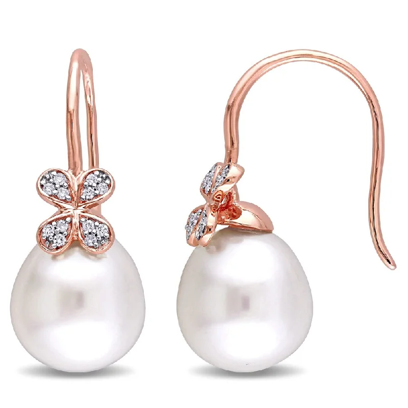 Miadora Signature Collection 14k Rose Gold Diamond South Sea Pearl and 1/8ct TDW Clover Earrings (G-H, SI1-SI2) (11.5-12mm)