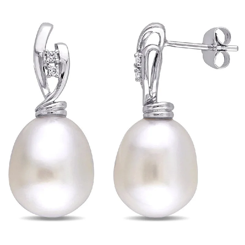 Miadora Signature Collection 14k White Gold White Cultured South Sea Pearl and Diamond Accent Twist Drop Earrings (11-11.5 mm)