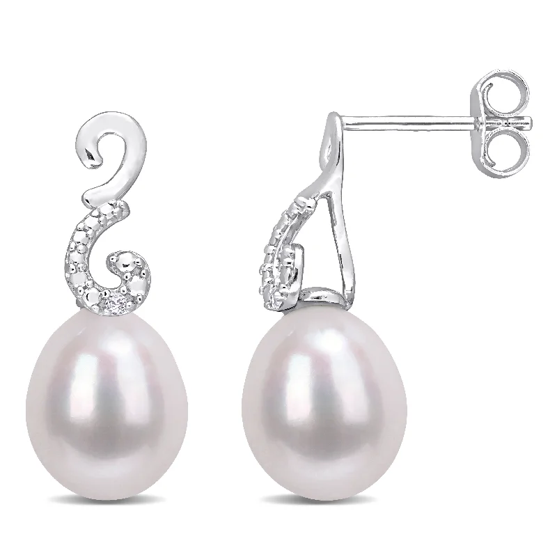 Miadora Sterling Silver Cultured Freshwater Pearl and Diamond Accent Drop Earrings (8-8.5mm)