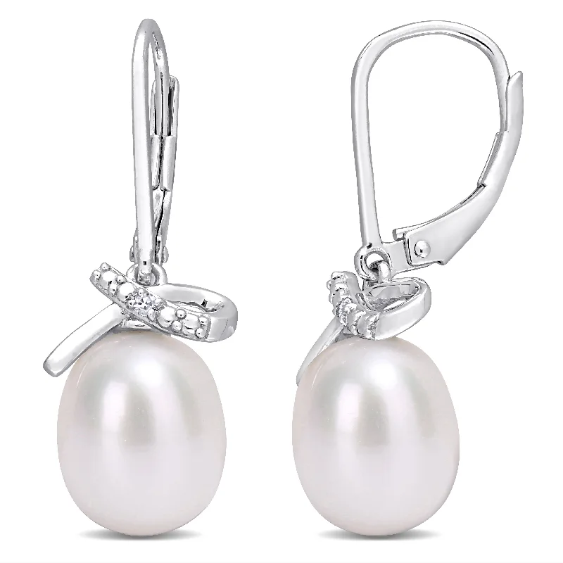 Miadora Sterling Silver Cultured FW Pearl and Diamond Accent Drop Leverback Earrings (7.5-8mm)