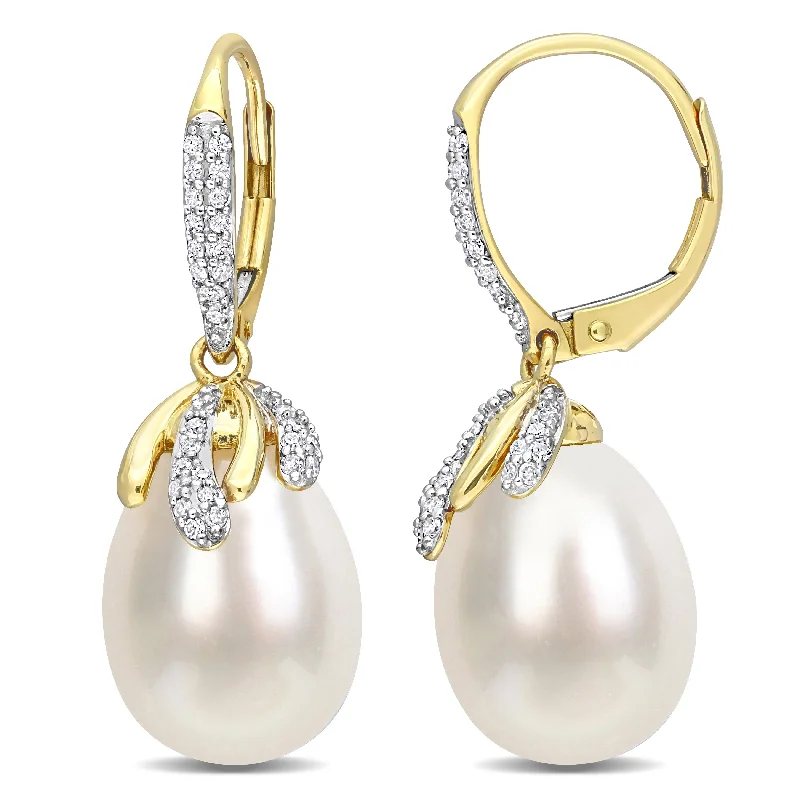 Miadora White South Sea Cultured Pearl & 1/3ct TDW Diamond Leverback Earrings in 14k Yellow Gold