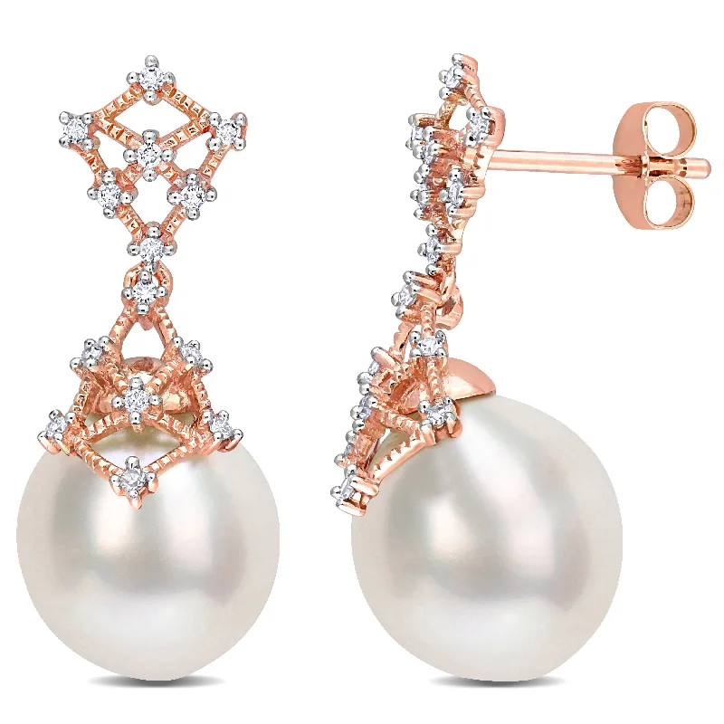 Miadora White South Sea Cultured Pearl & 1/7ct TDW Diamond Kite Dangle Earrings in 14k Rose Gold