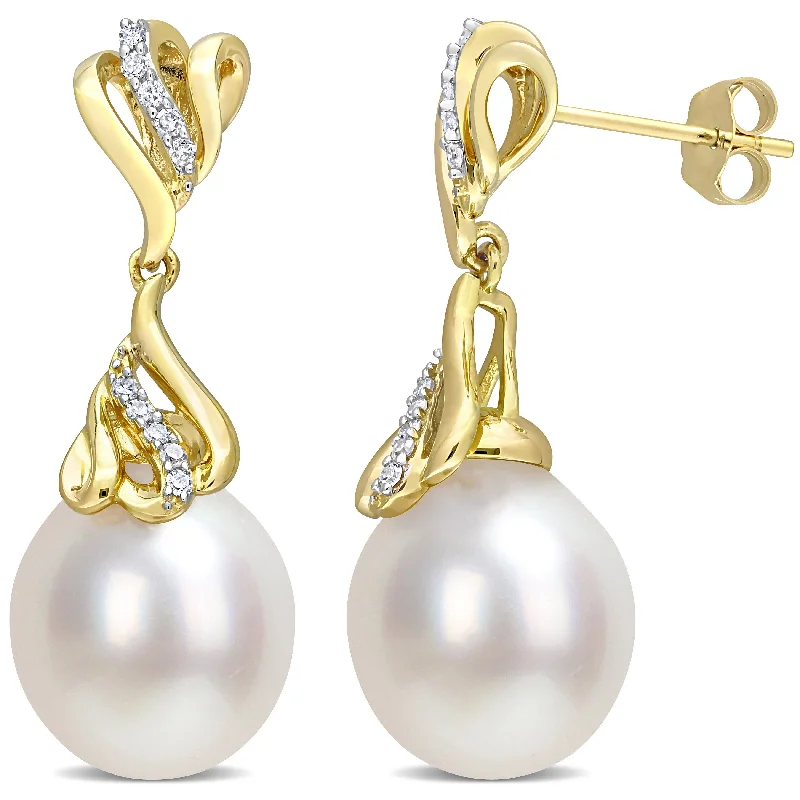 Miadora White South Sea Cultured Pearl and 1/8ct TDW Diamond Dangle Earrings in 14k Yellow Gold