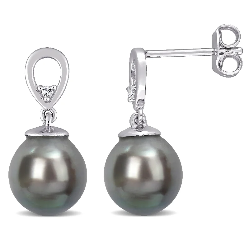 Miadora White Topaz and Black Tahitian Cultured Pearl Earrings Silver