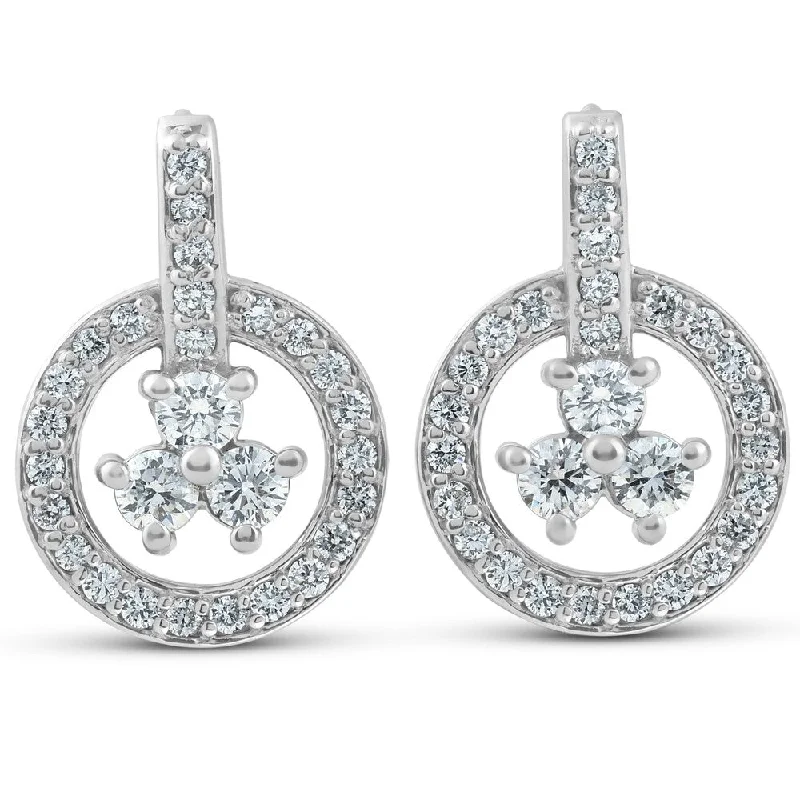 Pompeii3 14k White Gold 1ct TDW Circle Diamond Three Stone Drop Dangle Earrings