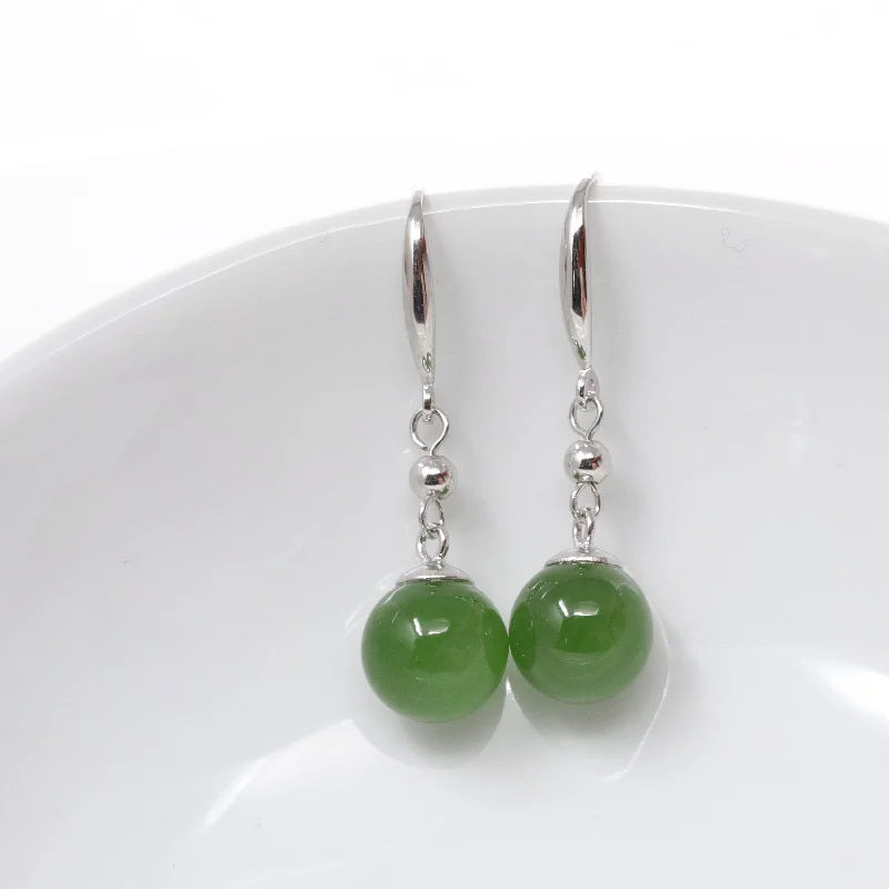 RealJade® "Classic Bead Earrings" Sterling Silver Genuine Nephrite Green Jade Dangle Earrings