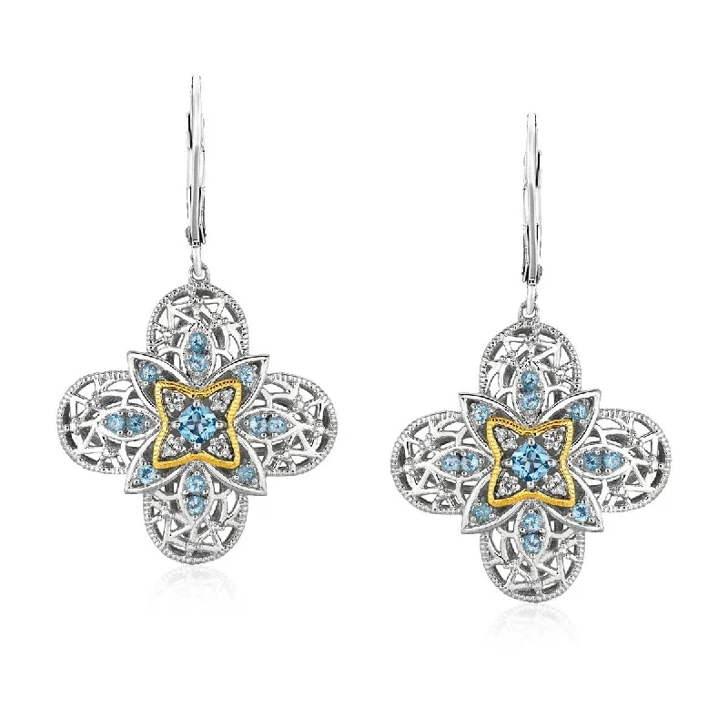 Sterling Silver and 14k Yellow Gold Blue Topaz Quatrefoil Earrings