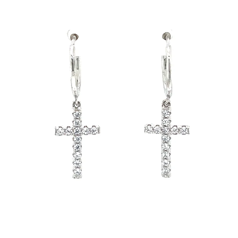 Huggie Hoop Cross Earrings in Silver