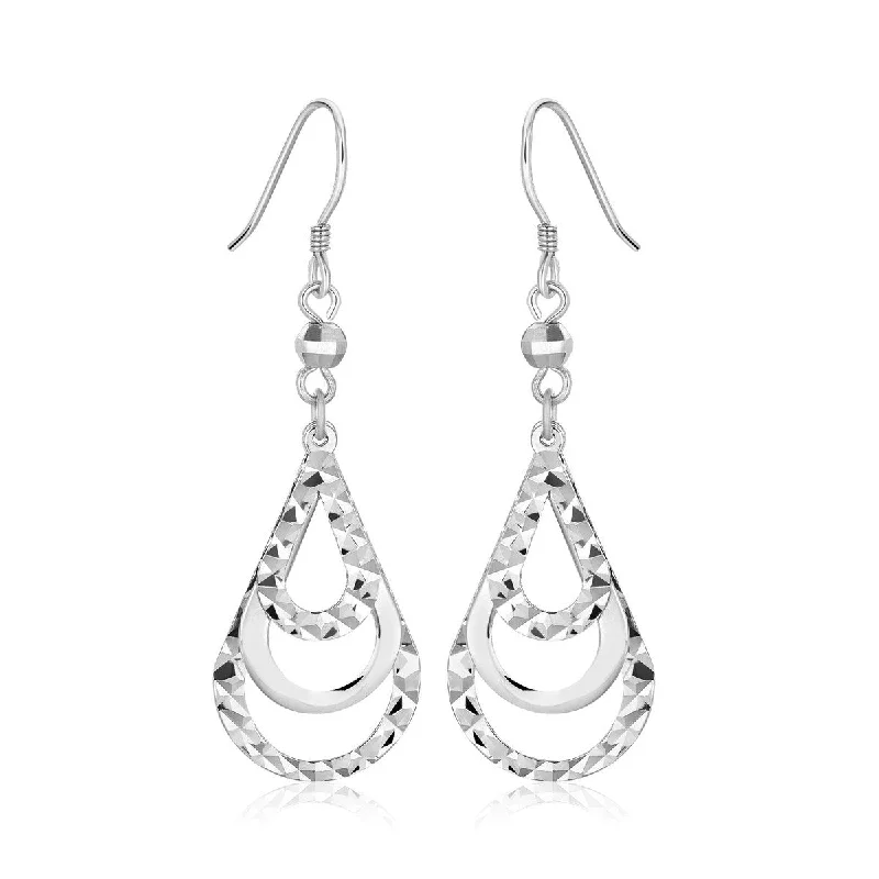 Sterling Silver Textured Graduated Open Teardrop Dangling Earrings