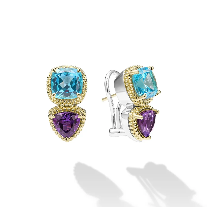 Caviar Color Two-Tone Amethyst and Swiss Blue Topaz Omega Clip Earrings